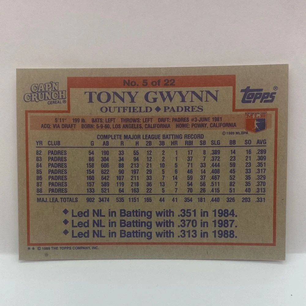 1989 Topps Cap'n Crunch Tony Gwynn Padres #5 (075)